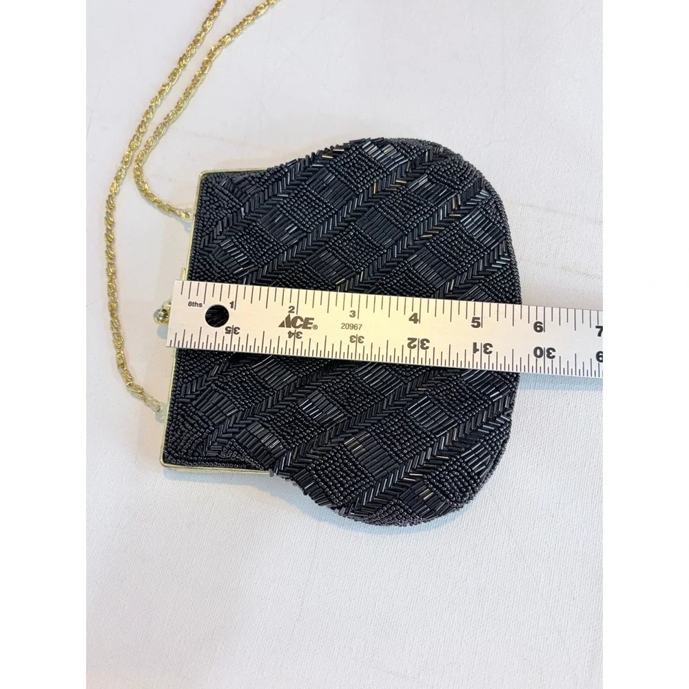 Vintage 80s La Regale Black Beaded Chevron Evening Bag Gold Chain Clutch Purse